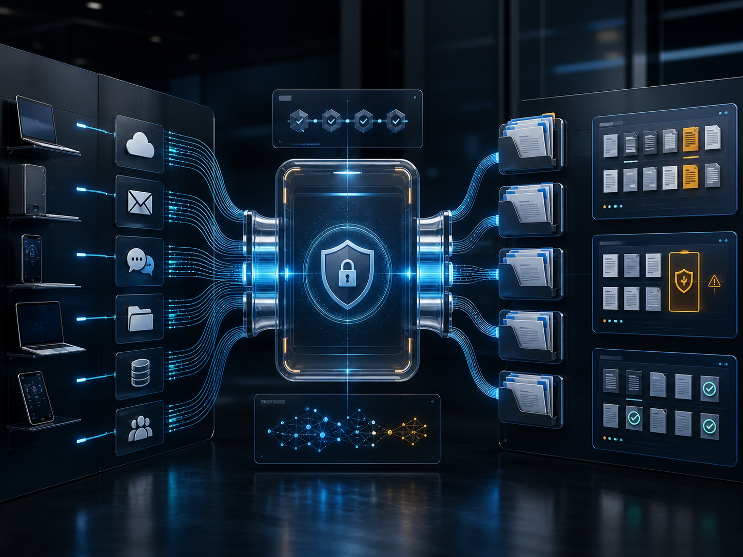 Custom graphic of secure legal data collection and forensic processing workflow
