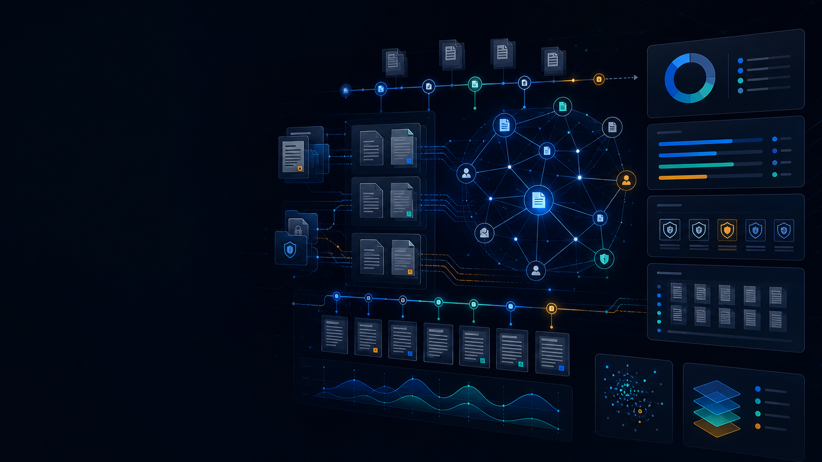 Custom graphic of a secure eDiscovery dashboard with document intelligence and review analytics