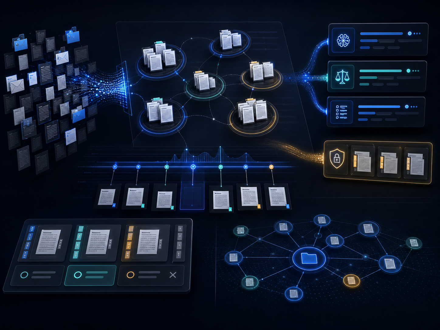 Custom graphic of AI-assisted legal document review and evidence timeline interface